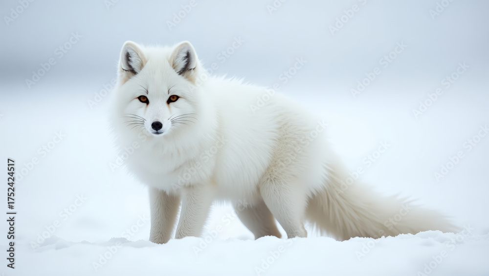 Obraz premium Beautiful arctic fox in the snow, perfectly blending with the white surroundings. Concept of winter camouflage, survival, and animal mimicry in cold environments