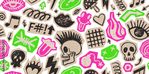Rock punk music sticker pattern. Scrapbook doodle cutout icon. Vector punk rock n roll collage. Hand drawn seamless background. Brush grunge fire, star, skull tattoo element. Crayon music scribble bg