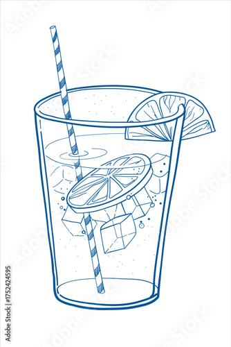 A glass graphic sketch of a drink with lemon and ice in vector isolated on white.eps