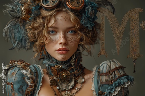 Steampunk Scorpio woman in teal and bronze Victorian attire, elegant portrait with clockwork jewelry, feathers, and vintage mechanical accents, symbolizing mystery and beauty