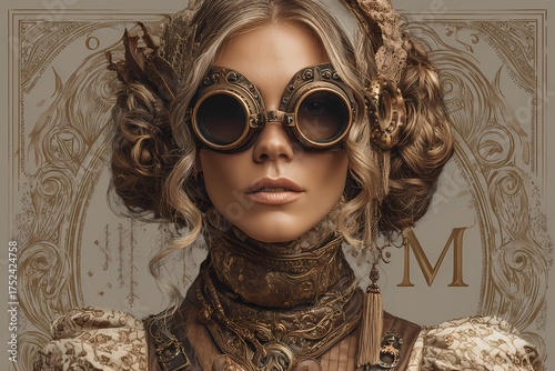 Steampunk Scorpio woman with blonde curls and vintage goggles, ornate portrait with bronze lace details, mechanical jewelry, and zodiac-inspired background in warm tones