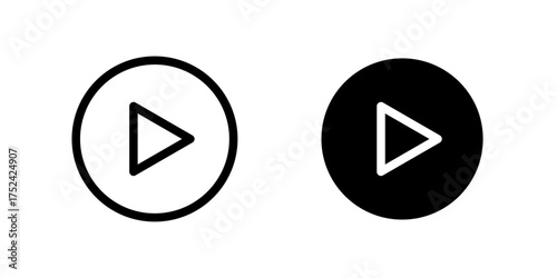 Play button icons in outlined and filled circle styles, Round play button icons, music video start sign, Vector illustration.