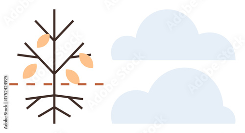 Bare tree shedding leaves beside two soft clouds. Ideal for nature, seasons, weather, change, transition, life cycles, sustainability. Clean and simple flat metaphor