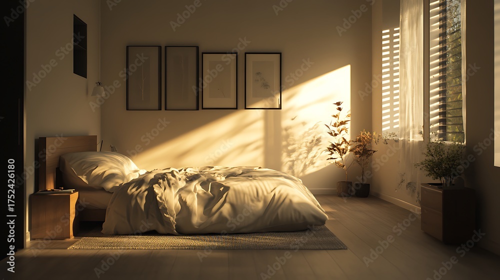 Fototapeta premium Bright minimalist bedroom interior with large window and natural daylight glow