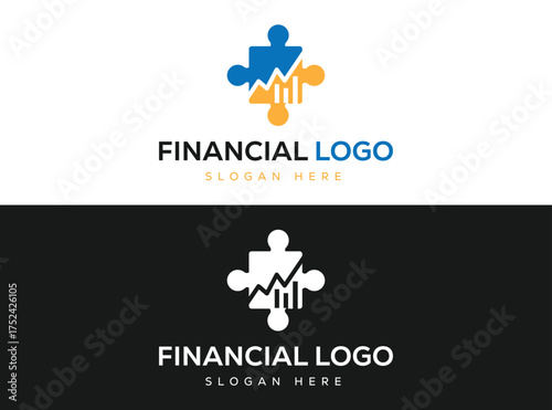 Blue and yellow puzzle pieces forming a financial graph logo on white and black backgrounds chart