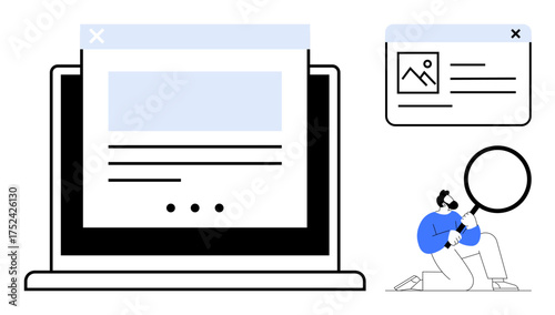 Laptop displaying website layout, popup window with image, and person holding magnifying glass. Ideal for analysis, research, SEO, usability, online education, web development digital marketing