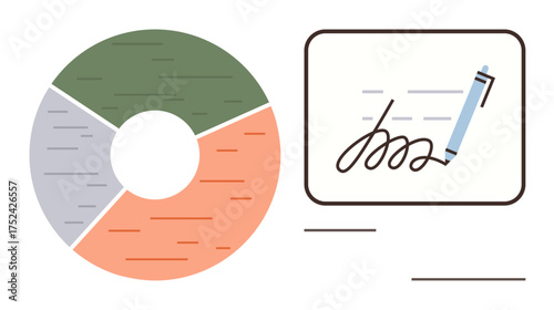 Circular chart with segmented sections beside signature on screen, representing data visualization and digital authentication. Ideal for workflow, analytics, organization, security, innovation