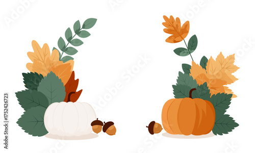 Autumn harvest. Cozy nooks with pumpkins and leaves.