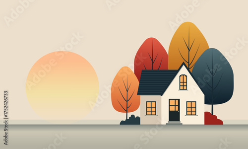  Autumn landscape with a house and sunset