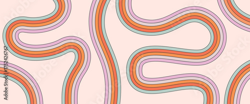 Vector wavy background with groovy rainbow stripes. Retro styled multicolored lines on light beige backdrop