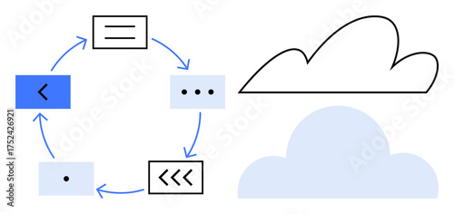 Circular flow with arrows linking boxes representing a process, accompanied by a cloud icon. Ideal for workflow, automation, cloud storage, data flow, connectivity, processes technology. Simple flat