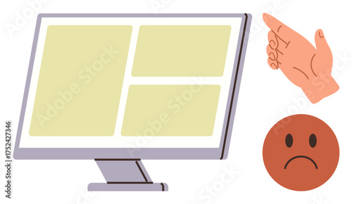 Computer screen displaying grid layout, hand pointing critically, and sad face representing dissatisfaction. Ideal for feedback, design critique, UX analysis, usability, website improvement, customer