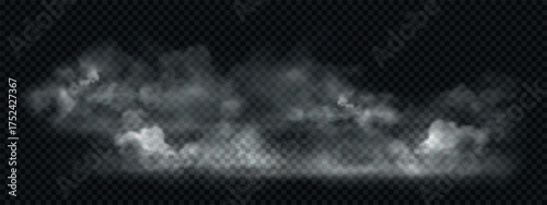 Realistic smoke and fog on floor with overlay effect. Vector steam clouds isolated on dark transparent background