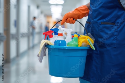 Hospital Cleaning Staff with Sanitizing Supplies Ensuring Hygiene and Disinfection in a Medical Facility