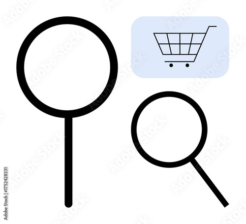 Magnifying glass icons next to a shopping cart graphic symbolizing exploration, searching, and online shopping. Ideal for retail, e-commerce, navigation, consumer behavior, web design, digital