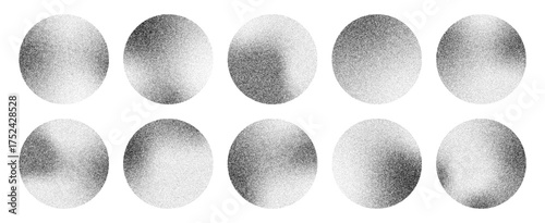 Set of abstract textured circles with noise grain vector. Distorted round shape elements for design, graphic, badge.