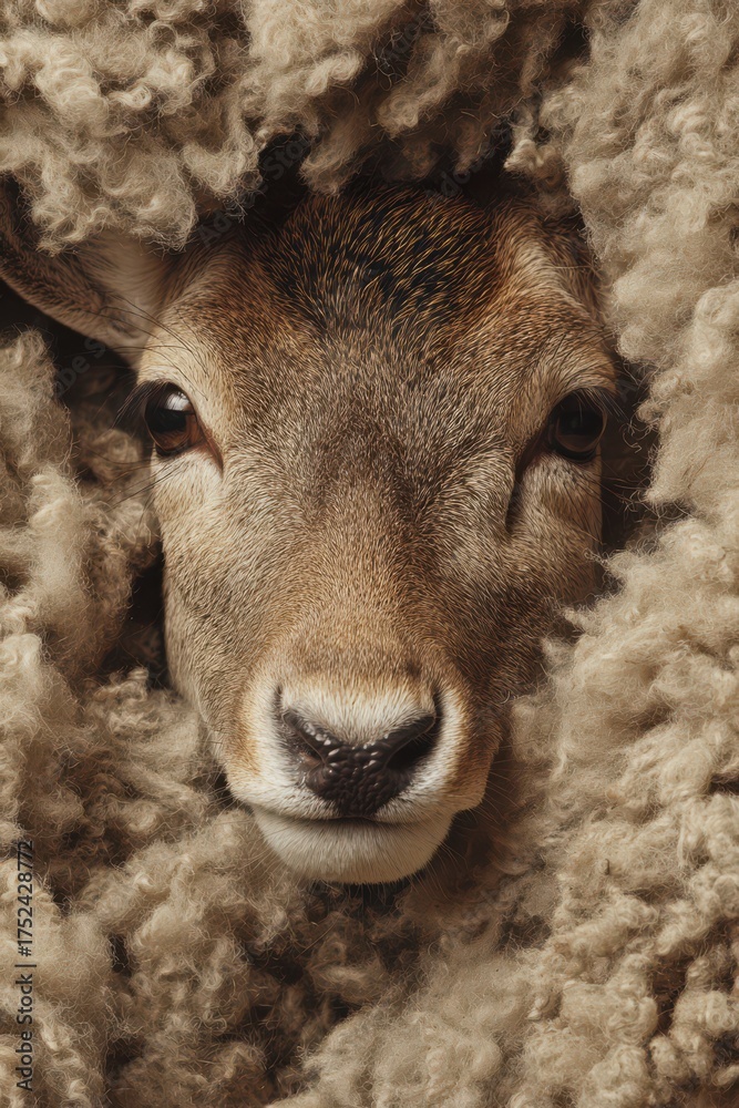 Fototapeta premium Curious deer peeks through a warm and fluffy woolen backdrop in a serene natural setting