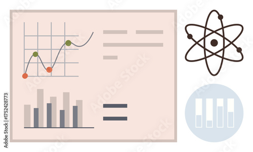 Graph lines, bar chart, atomic model, and equal sign representing data analysis, science, and research. Ideal for STEM, education, analytics business insight innovation calculation conceptual
