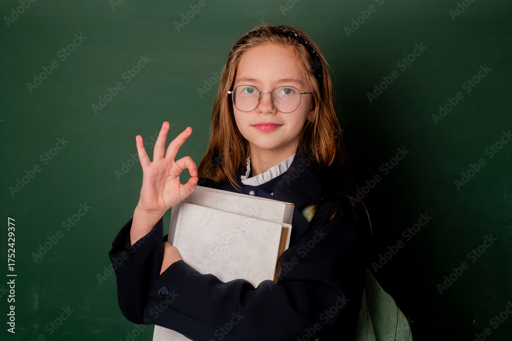 Naklejka premium Back to school. Child holding books on blackboard. School girl. School child. Portrait of elementary pupil. Happy schoolgirl. Schoolkid or preschooler.