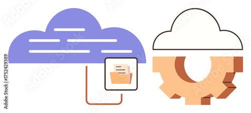 Cloud connected to a file folder and gear, symbolizing online data storage and processing. Ideal for technology, cloud computing, workflow, digital innovation, automation, IT services, online