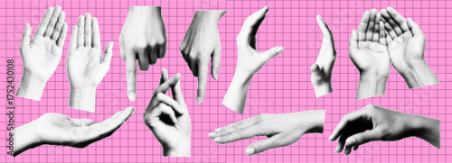 Set of various hand gestures in halftone pop art style on a pink grid background, black and white collage of expressive hands for contemporary visual design.