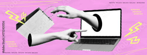 Retro halftone pop art collage of online shopping concept with hands, laptop, and shopping bag on pink textured background, e-commerce creative design.