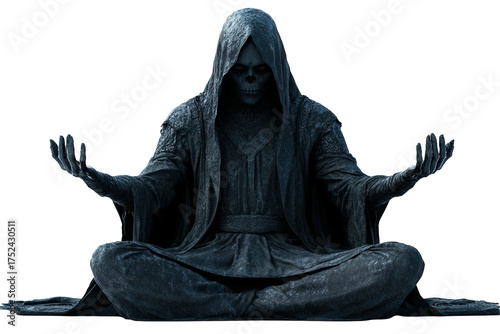Hooded skeleton sits cross-legged in meditation pose