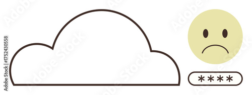 Cloud outline paired with a sad face and obscured password indicates data breach, loss, or login error. Ideal for cybersecurity, data safety, tech issues, and risk management in simple flat metaphor