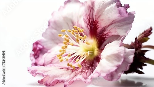 Close-up of pink hibiscus petals and yellow stamens under soft light.