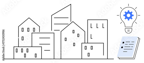 City buildings form skyline alongside lightbulb with gear symbolizing innovation and ideas. Nearby document implies planning. Ideal for urban development, innovation, business strategy, creativity