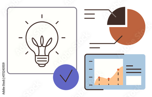 Lightbulb representing ideas, pie chart for data segmentation, analytics dashboard with growth chart, and checkmark for success. Ideal for innovation, business strategy, analytics, problem-solving