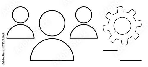 Three simplistic person icons paired with a gear, signifying teamwork, collaboration, workflow efficiency. Ideal for business, organization, teamwork, management productivity leadership process. A