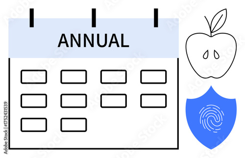 Calendar labeled Annual with blank squares, an apple outline representing nutrition, and shield with fingerprint symbolizing security. Ideal for health, wellness, time management, security, planning