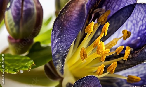 Purple flower glistening with dew drops under sunlight.