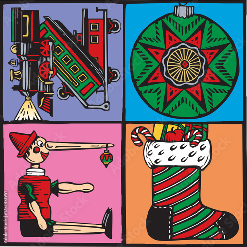 Woodcut illustration spelling out the word “Noel” with festive holiday imagery—a toy train, Christmas ornament, Pinocchio figure, and candy-filled stocking.