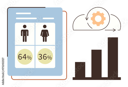 Gender demographics with icons and percentages, cloud gear symbol for data processing, and a bar chart for trends. Ideal for analytics, demographics, technology, research, reporting, education
