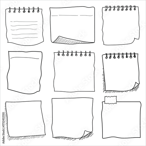 Collection of nine hand drawn torn notepad paper sheets with rough edges and spiral binding elements