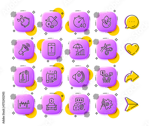Teamwork, Scissors and Medical mask line icons. App 3d buttons. Social media comment, share, like icons. Pack of Timer, Biometric security, Attached info icon. Vector