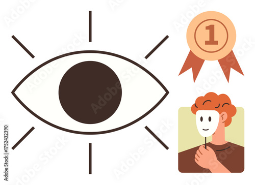 Large central eye with lines, person holding white mask, and top-ranking award ribbon. Ideal for identity, authenticity, transparency, recognition, vigilance, achievement and truth concepts
