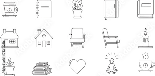 Minimal outline lifestyle icon set in modern vector line style for wellness, decor and design, Adobe Illustrator Artwork