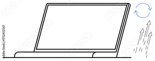 Minimalist laptop with upward arrows and refresh icon signifies progress, innovation, and technological growth. Ideal for technology, business strategy, data analysis, workflow, renewal, development
