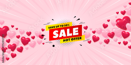 Sale 50 percent love banner with 3d hearts. Sunburst flare background. Sale 50 percent off banner. Discount sticker shape. Hot offer icon. Valentines day greeting card. Vector
