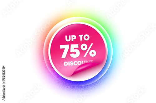 Discount tag sticker rainbow gradient. Paper offer price tag. Up to 75 percent discount. Sale offer price sign. Special offer symbol. Save 75 percentages. Sticker label. Grain dots effect. Vector