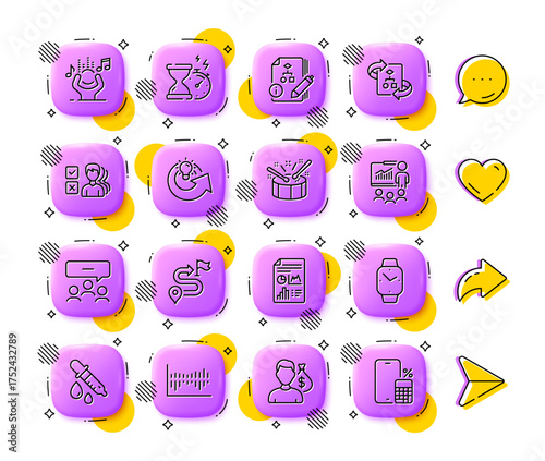 Meeting, Report document and Technical algorithm line icons. App 3d buttons. Social media comment, share, like icons. Pack of Algorithm, Smartwatch, Share idea icon. Vector