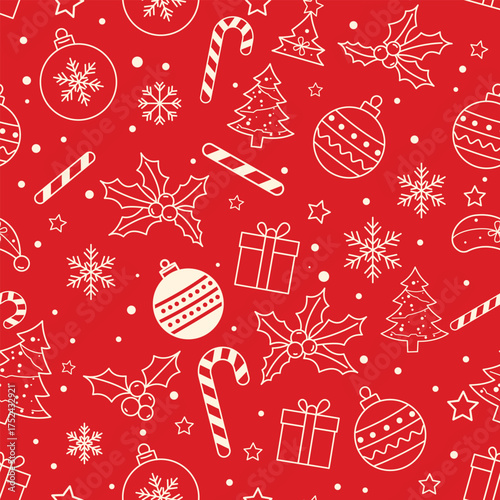 Christmas seamless pattern with festive decorations and holiday gifts
