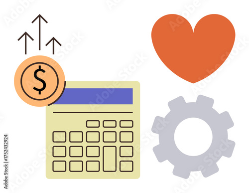 Calculator with dollar coin and upward arrows, next to a heart and gear. Ideal for finance, business strategy, productivity, success, efficiency, innovation and motivation. A simple flat metaphor