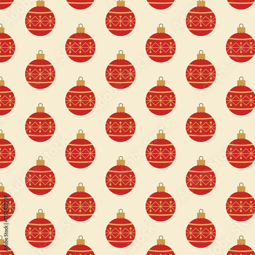 Seamless gold and red Christmas pattern with hanging winter holiday tree decoration ball and snowflake vector illustration