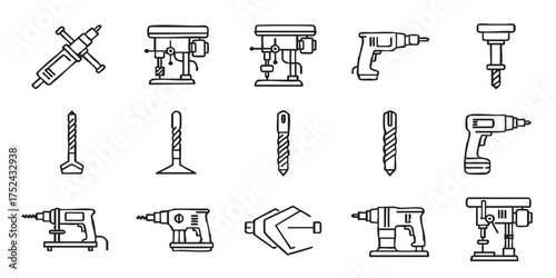 Set of drilling machine tool outline icons vector
