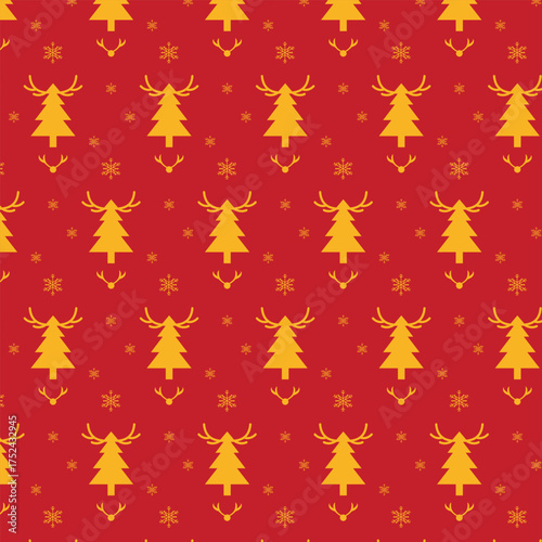 Vector art of christmas sweater pattern with golden reindeer and tree motifs on red