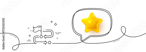 Travel path line icon. Continuous line with 3d star. Location flag sign. Success symbol. 3d star in speech bubble. Travel path single line ribbon. Loop curve pattern. Vector